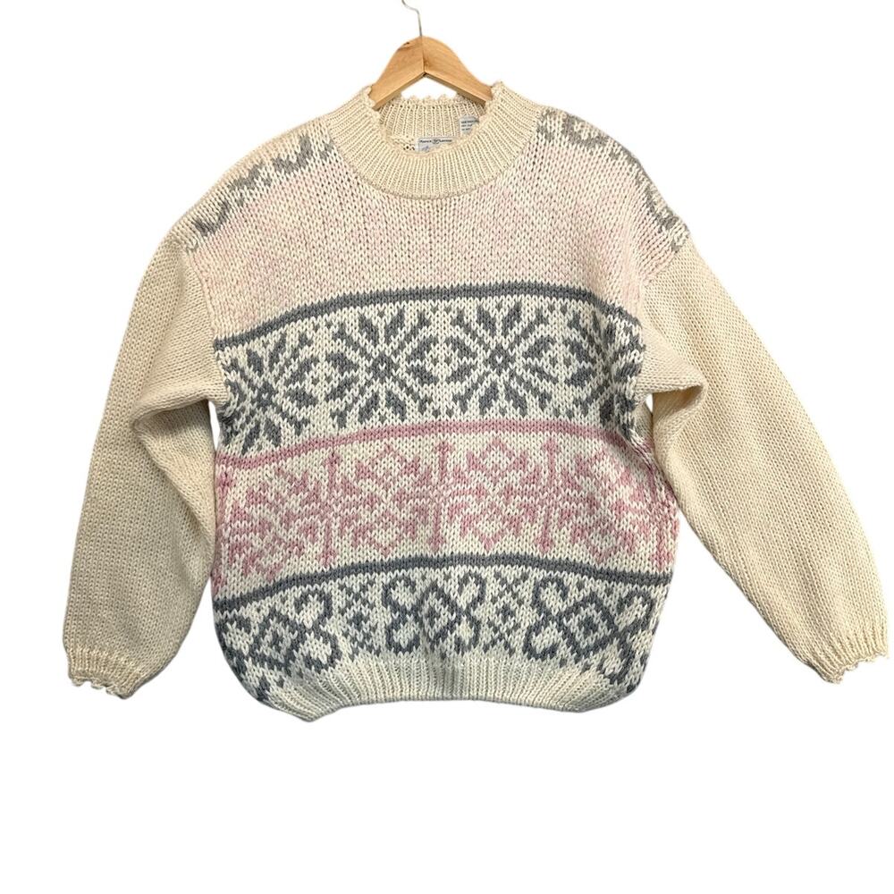 Maggie Lawrence Vintage Cream Grey Pink Fair Isle Nordic Chunky Sweater Women L